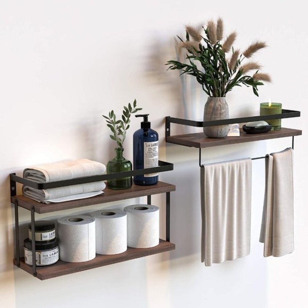 HOUSE‎ 2+1 Tier Wall Mounted Floating Shelves Set of 2, Rustic Wood Shelf